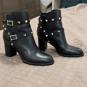 Black Leather Valentino Studded Ankle Boots with Block Heel